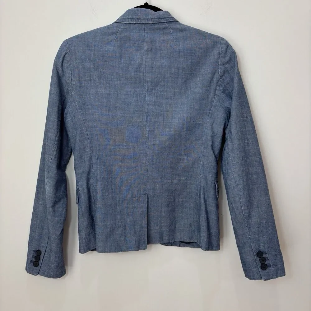 J Crew Blue Chambray Blazer Jacket Women 0 Cotton Schoolboy Office Academia